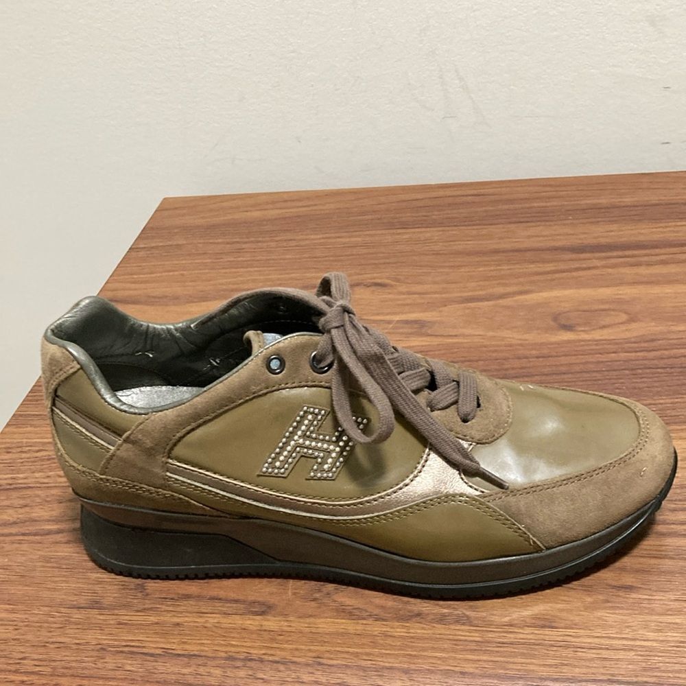 Hogan Womens’ Brown Suede & Olive Green Leather Low Top Sneaker. Size EU 36.5.